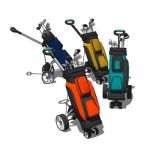 A variety of motorised golf trolleys with bags.
