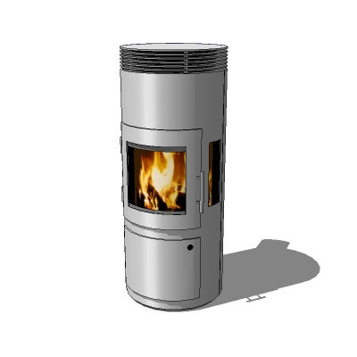 Modern wood stove in stainless steel finish. 