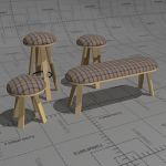 Buzzi Milk stools and bench. Frame solid wood, sea...