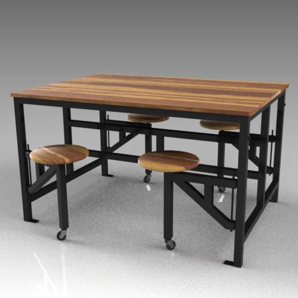 Space table with integrated,hinged 
bar stools. B.... 