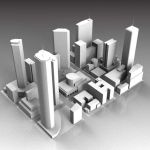 Very low-polygon model of a city; divided into 9 e...