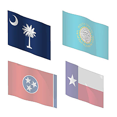 The state flags of South Carolina, South Dakota, T.... 