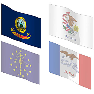 The state flags of Idaho, Illinois, Indiana and Io.... 